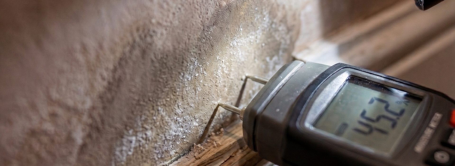 Building leak and damp inspection in Yorkshire - moisture meter reading on damp, salt-affected internal plaster to diagnose water ingress at source.
