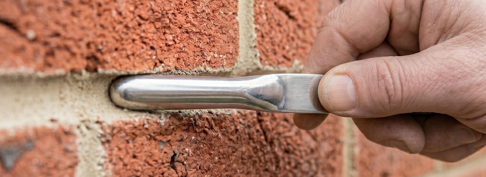 Cement mortar repointing detail - fresh joint being struck on red brickwork for a weatherproof, long-life finish.