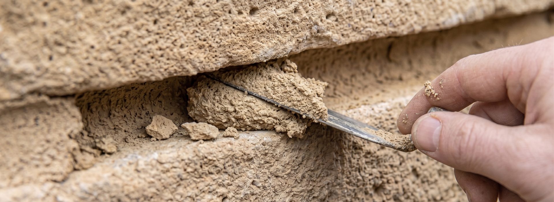 Lime mortar repointing in progress on a Yorkshire stone wall - old mortar raked out and replaced with breathable NHL lime mortar.