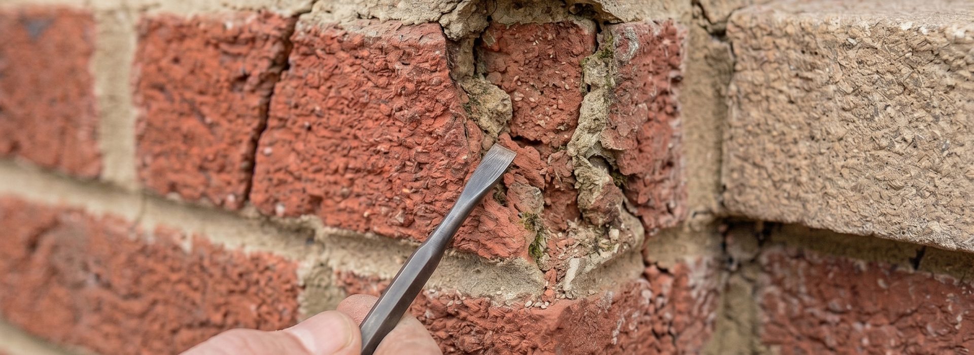 Masonry repair in progress - damaged brick face chiselled out before reinstatement with matching stone to restore the elevation.