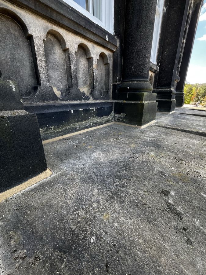 Repointed stone cornice and carved detail on a Grade II listed Victorian bath house in Ilkley - water ingress resolved.