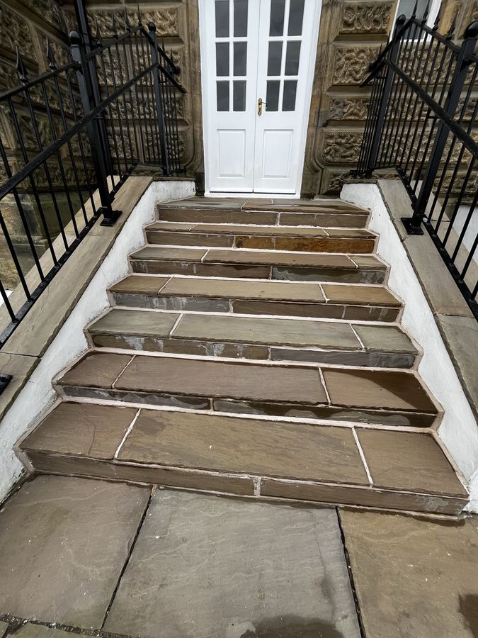 Repointed paved steps in Ilkley - open and failing joints raked out and repointed to stop water tracking under the stone.